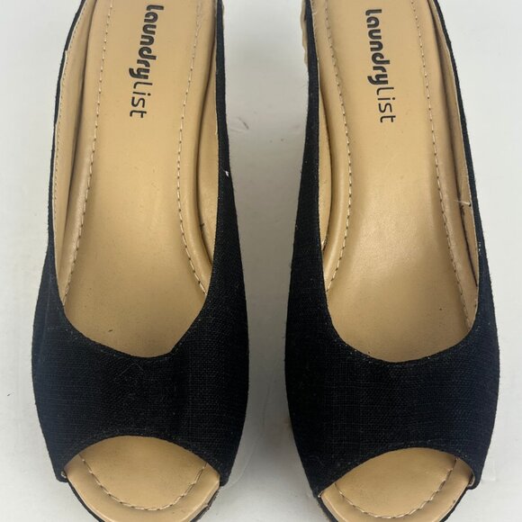 Laundry List Wedge Sandals Size 8.5 EU 39 Black Beige Fabric Heel 3.5in Open Toe - Picture 5 of 6
